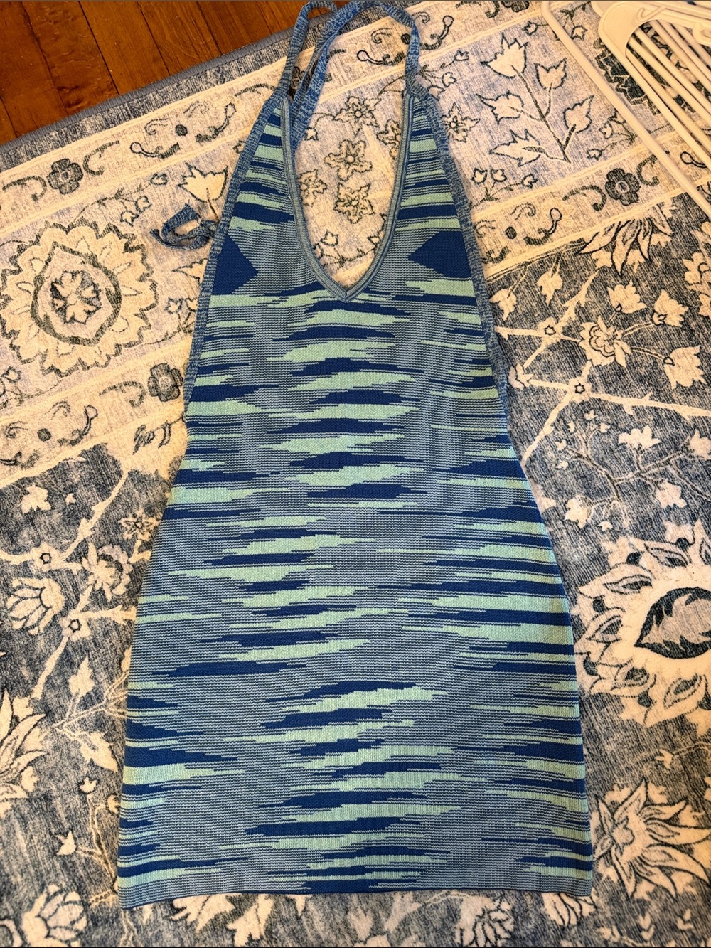 Blue Patterned Knit Halter Dress